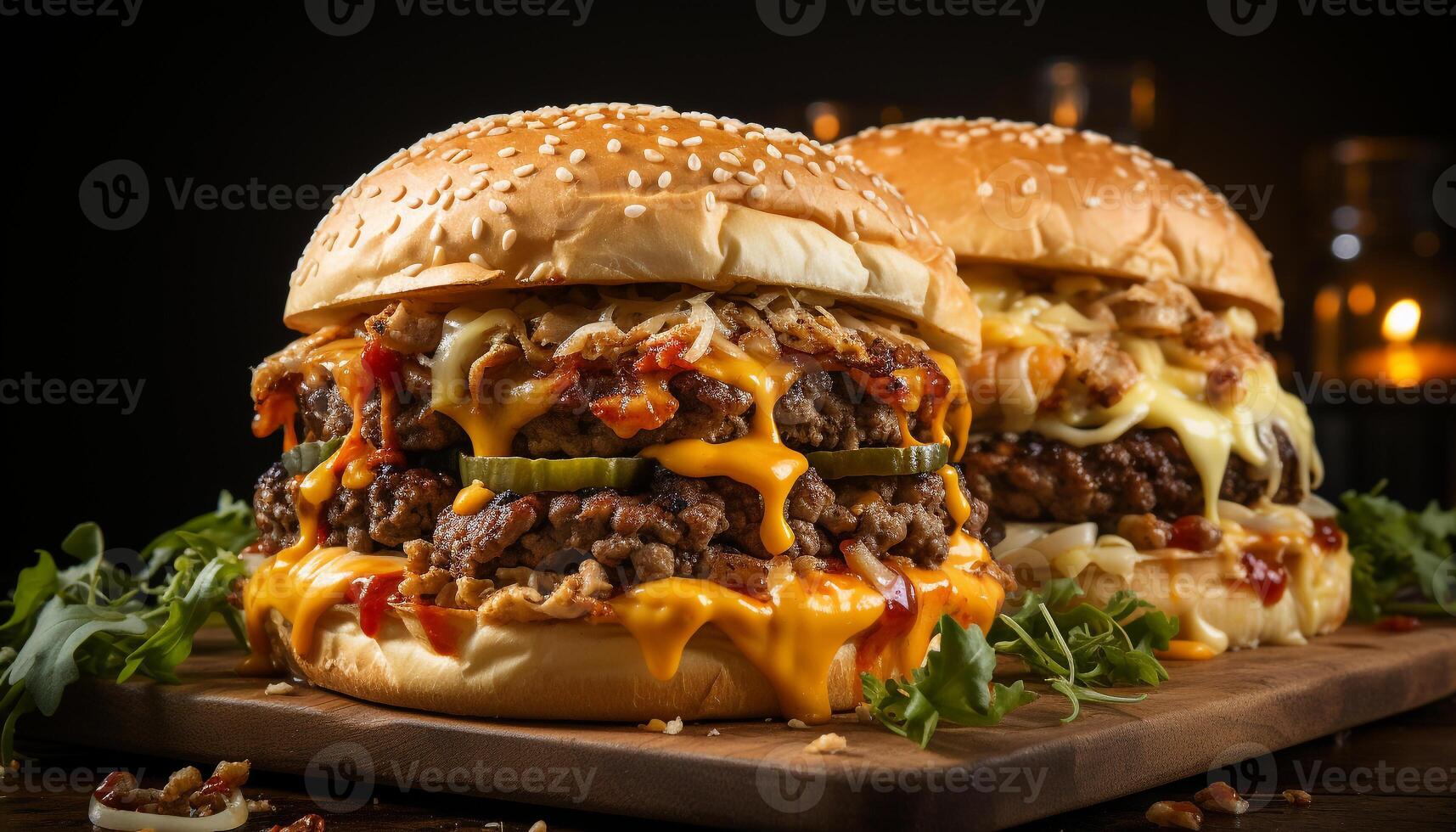 ai generado A la parrilla carne de vaca hamburguesa en rústico bollo, con Derretido queso Cheddar queso generado por ai foto