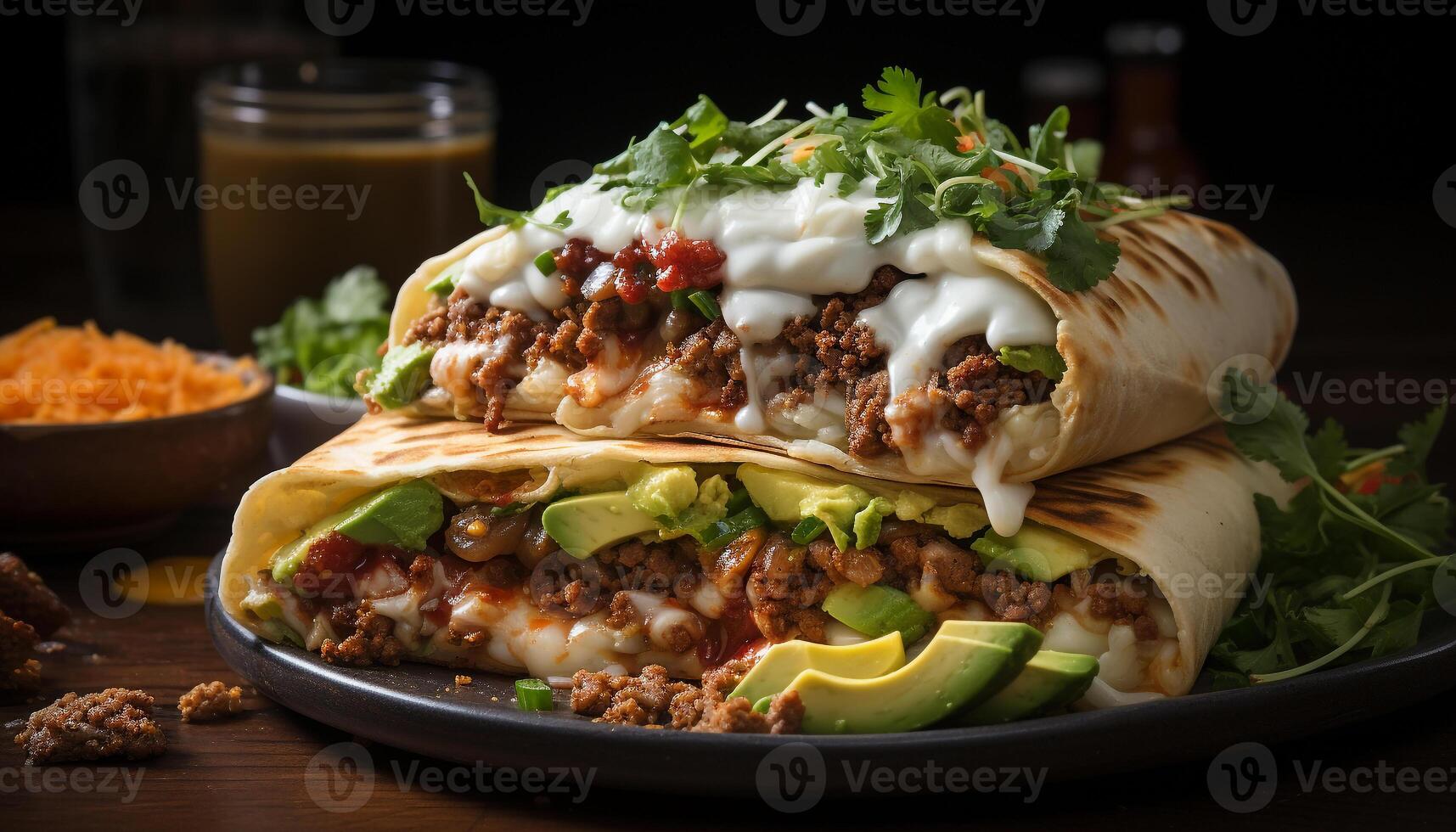 AI generated Ready to eat homemade Mexican taco with grilled beef and guacamole generated by AI photo