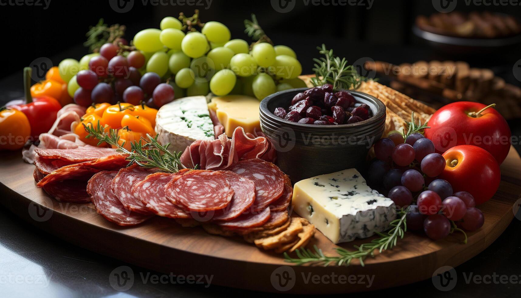 AI generated Freshness and variety on a rustic wooden table gourmet appetizers generated by AI photo