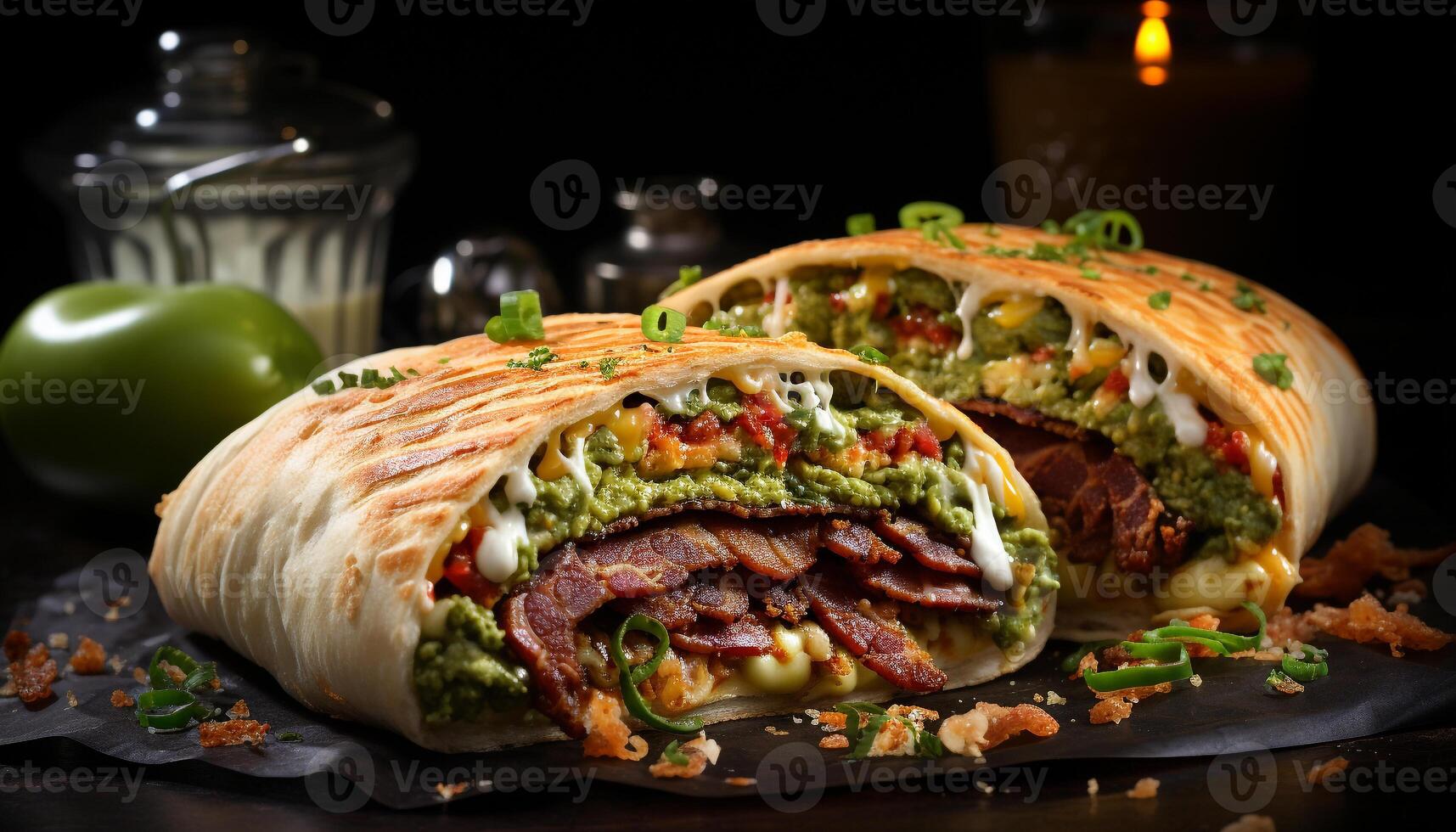 AI generated Grilled beef taco on flatbread, fresh guacamole, tomato, and cilantro generated by AI photo