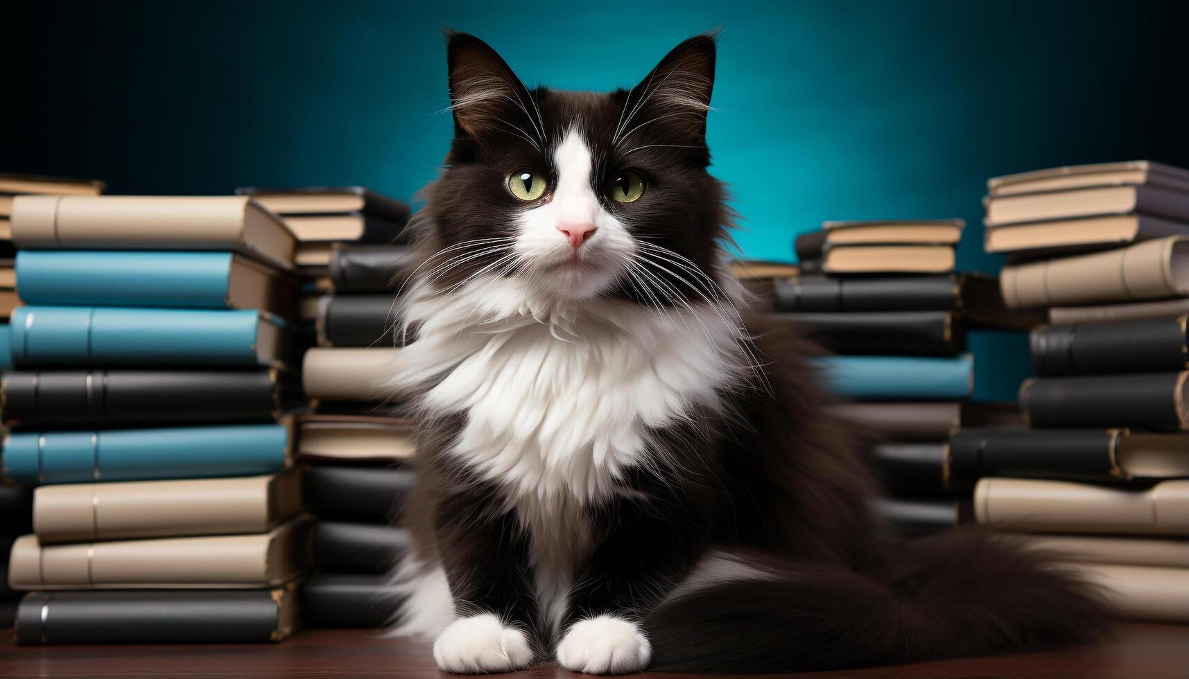 AI generated Cute kitten reading book, sitting on bookshelf, indoors generated by AI photo