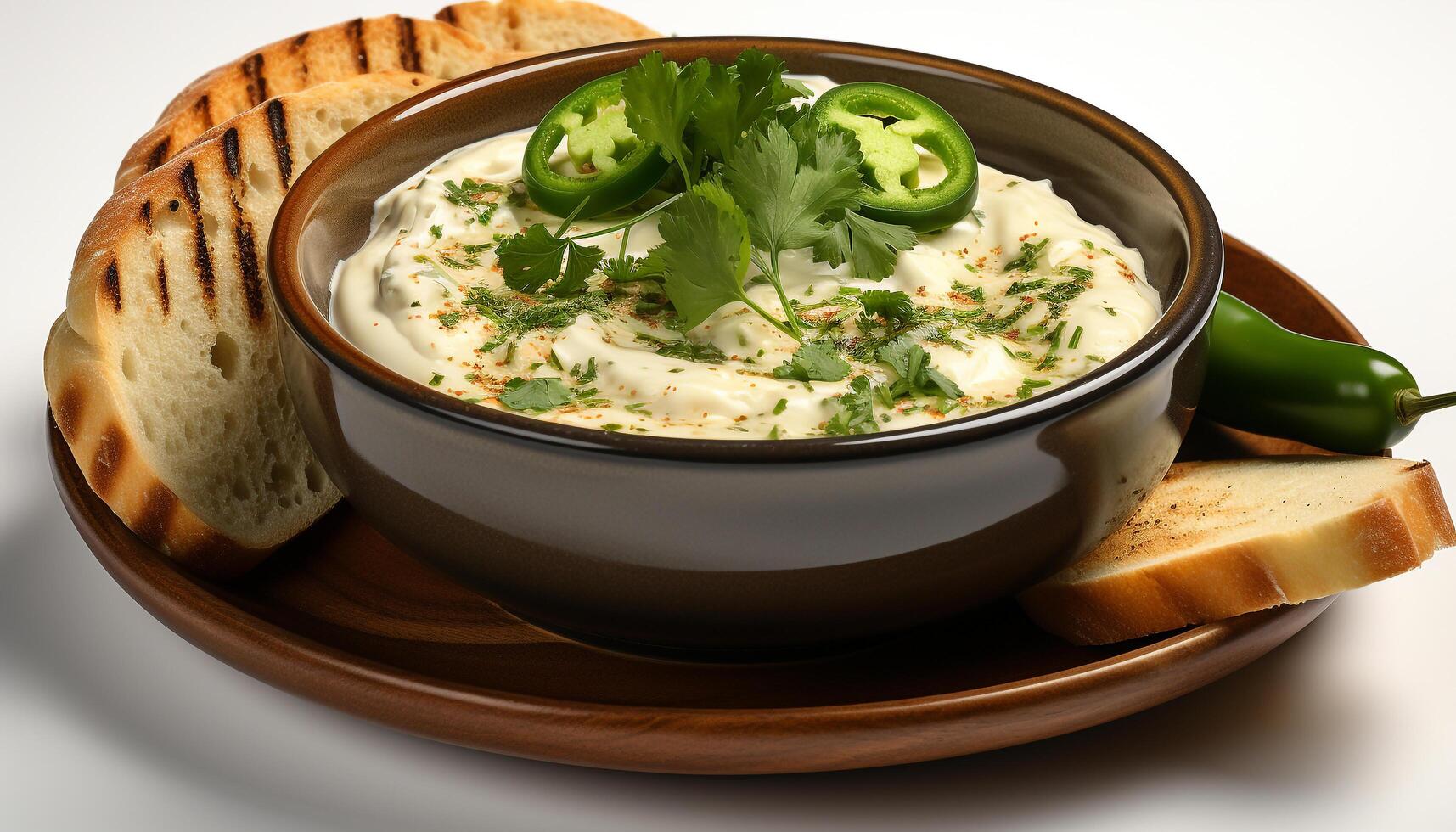 AI generated Fresh vegetarian meal bowl of homemade soup with bread generated by AI photo