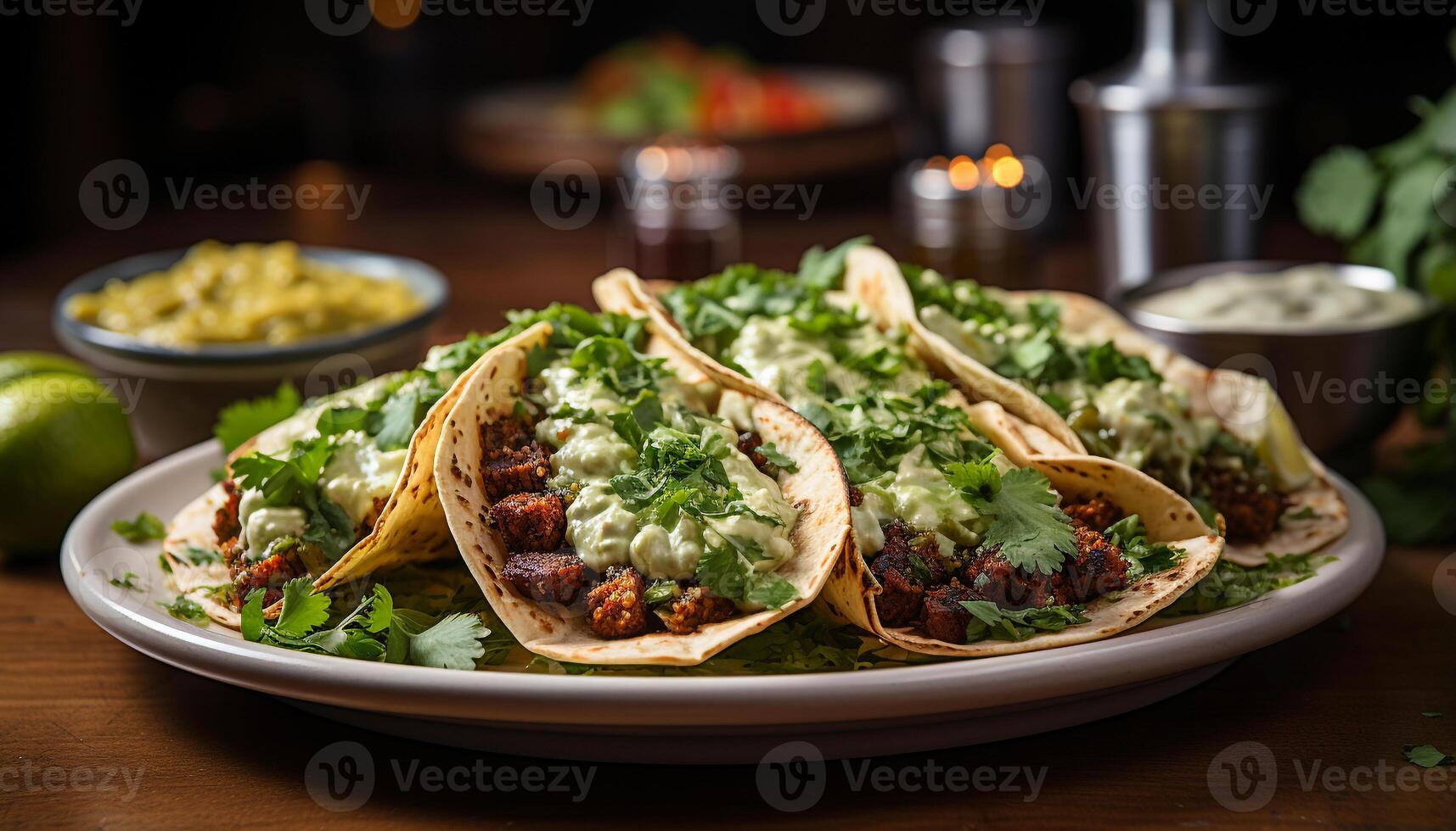 AI generated Fresh guacamole and taco on a wooden plate, ready to eat generated by AI photo