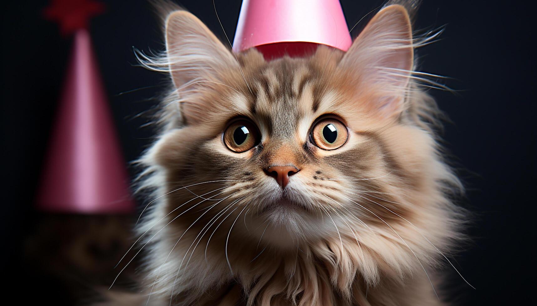 ai generado linda gatito sesión, mirando a cámara, celebrando cumpleaños con gorra generado por ai foto