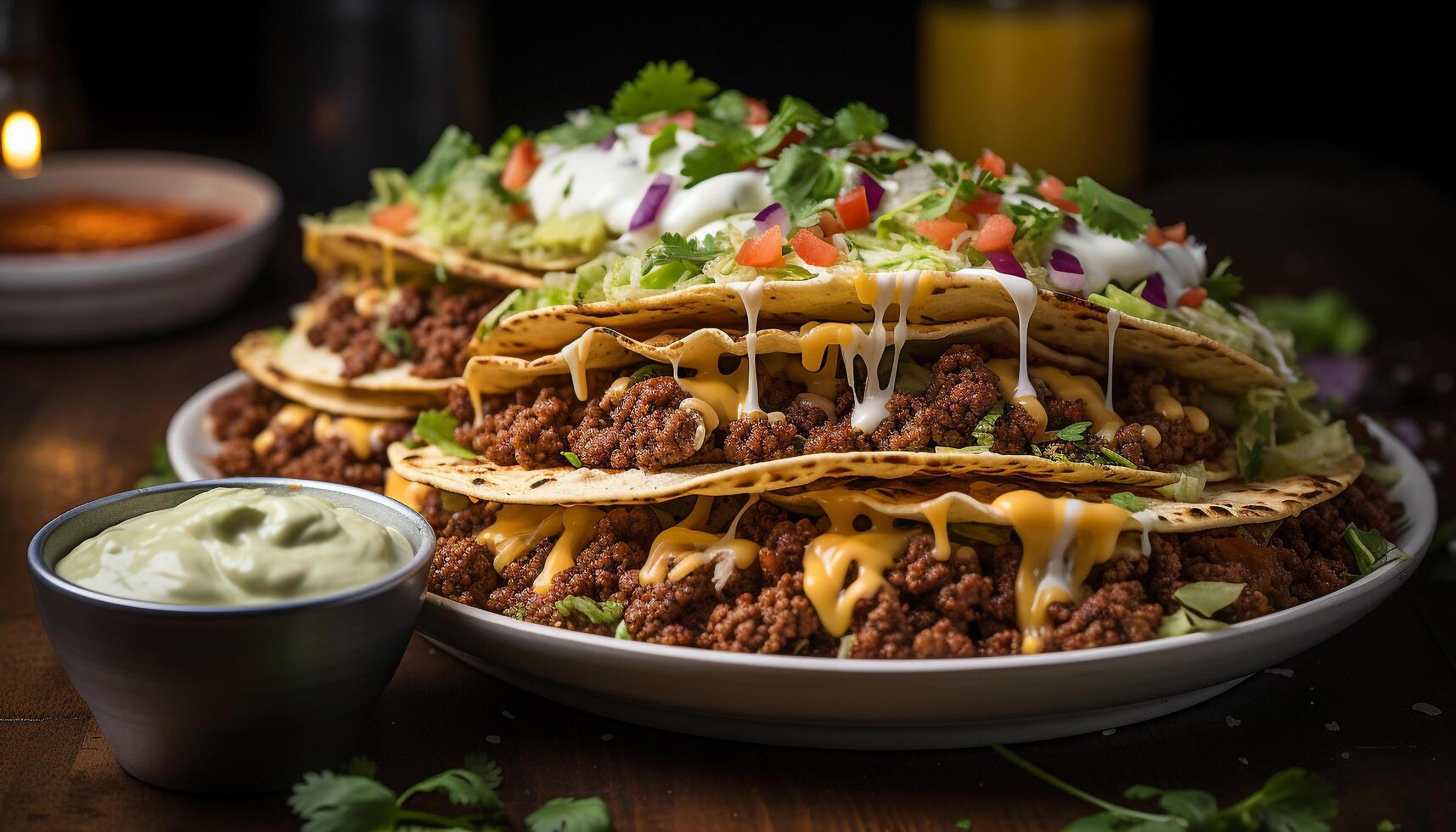 AI generated Grilled beef taco with guacamole, tomato, and cilantro on flatbread generated by AI photo