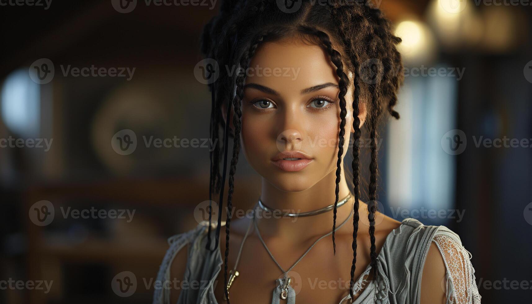 AI generated Beautiful young woman with long curly hair looking confidently at camera generated by AI photo