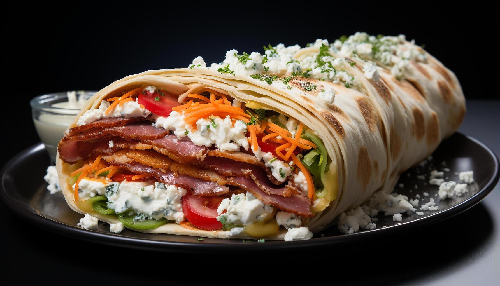 ai generado frescura en un plato A la parrilla carne de vaca taco con guacamole generado por ai foto