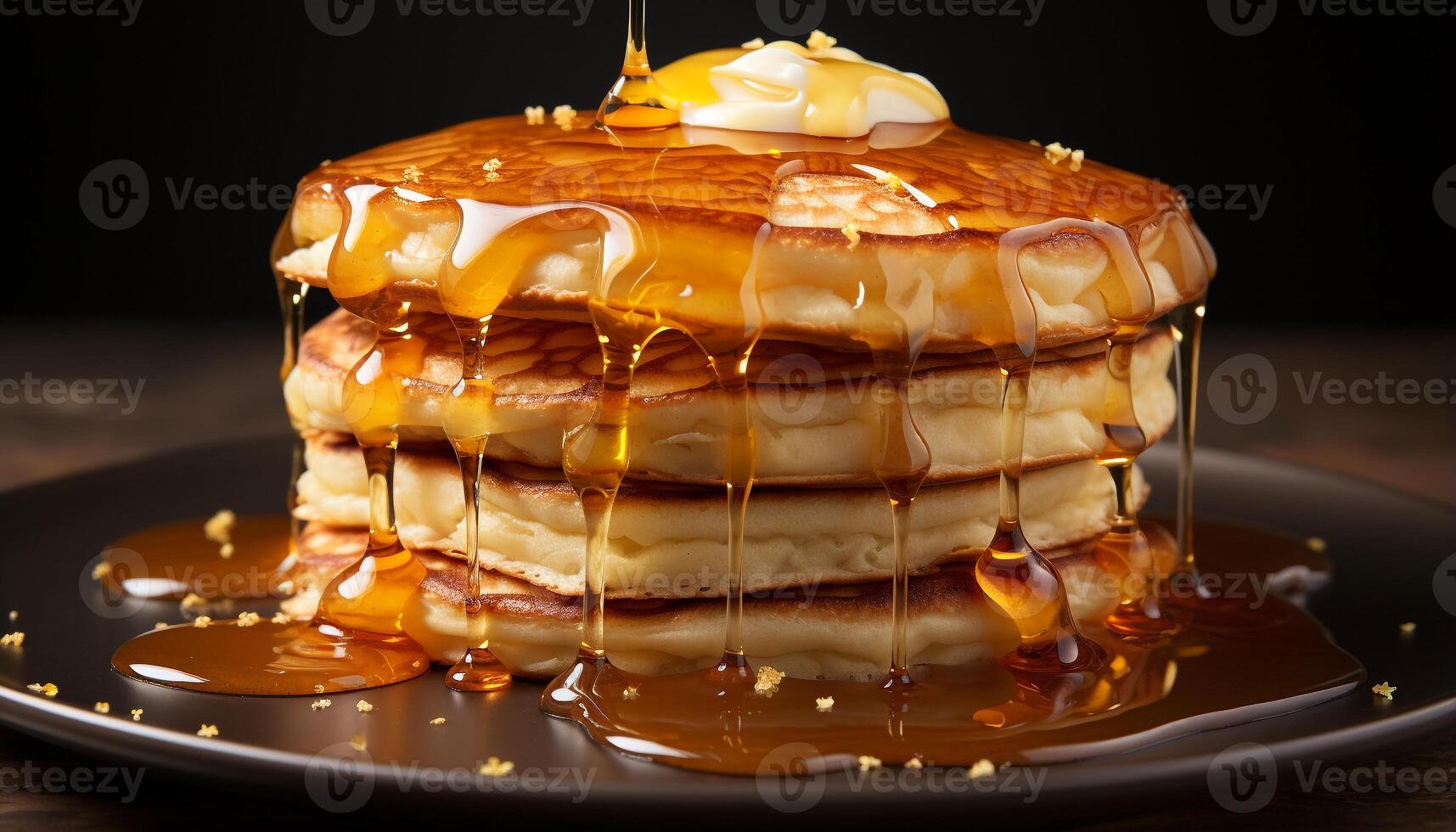 AI generated Freshly baked pancake stack with chocolate syrup and honey drizzle generated by AI photo