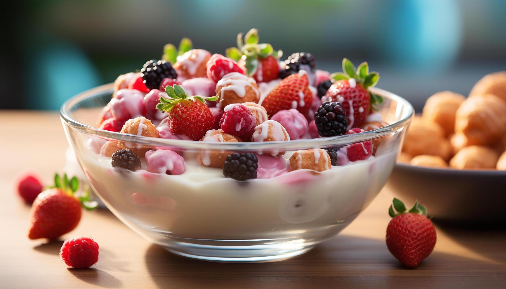 AI generated Fresh berry parfait on wooden table, healthy and delicious generated by AI photo