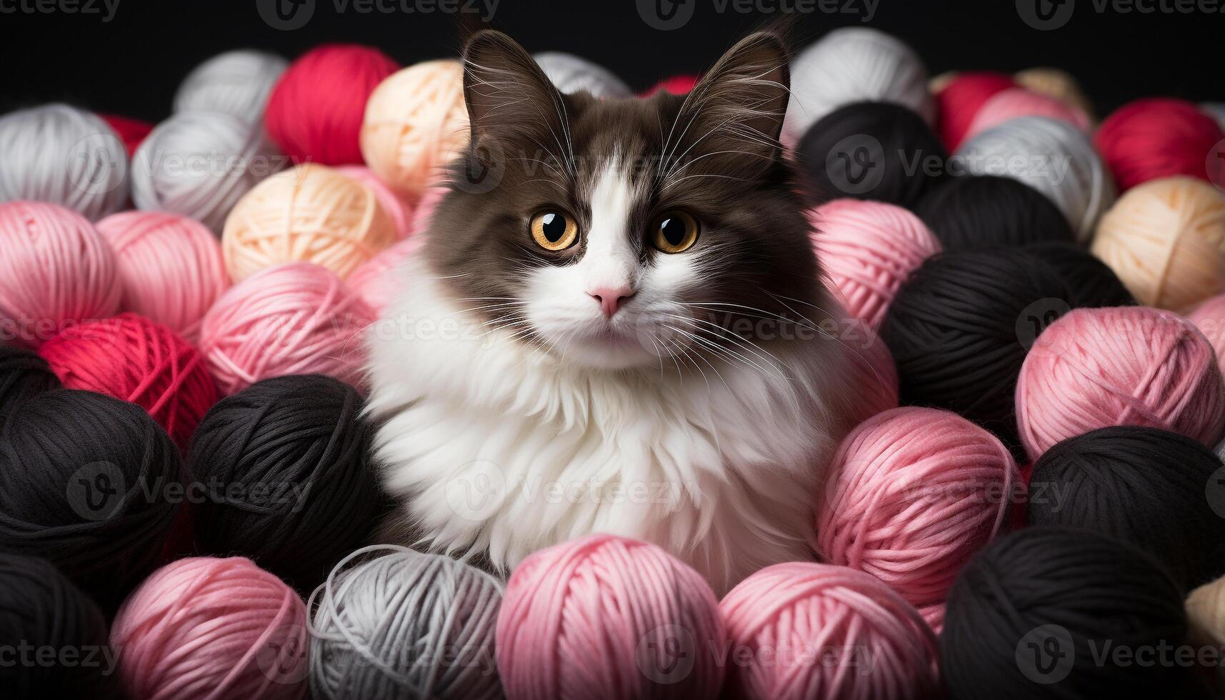 AI generated Cute kitten knitting with colorful wool, fluffy and creative generated by AI photo