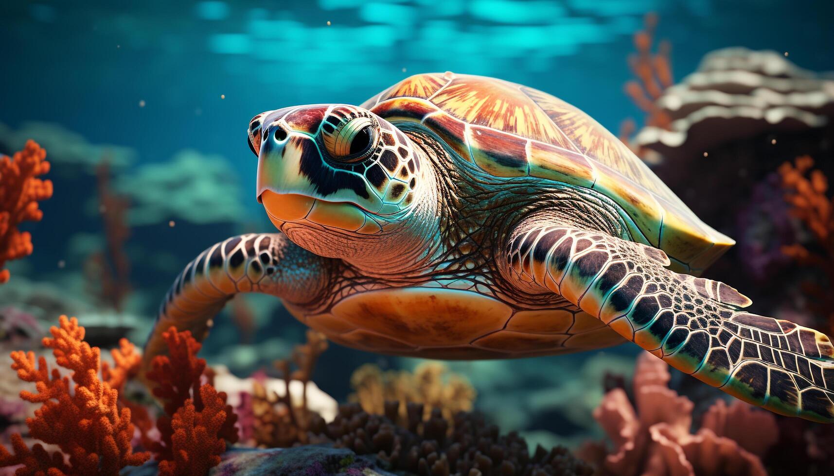 AI generated A beautiful hawksbill turtle swimming in the colorful coral reef generated by AI photo