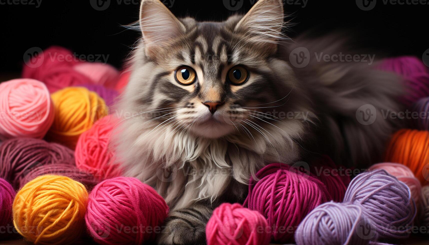 AI generated Cute kitten playing with colorful ball of wool generated by AI photo