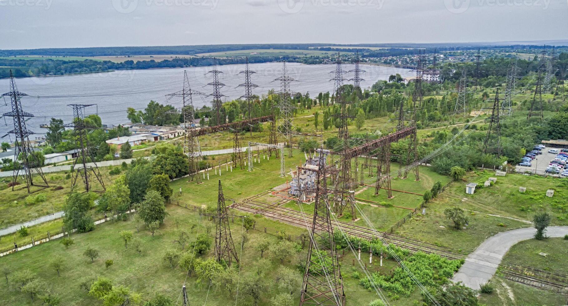 High Voltage electrical substation with transformers. Aerial photo