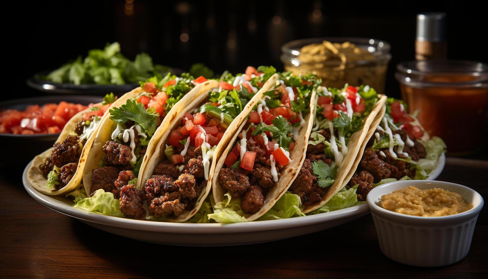 ai generado hecho en casa mexicano carne de vaca taco con Fresco guacamole y cilantro generado por ai foto