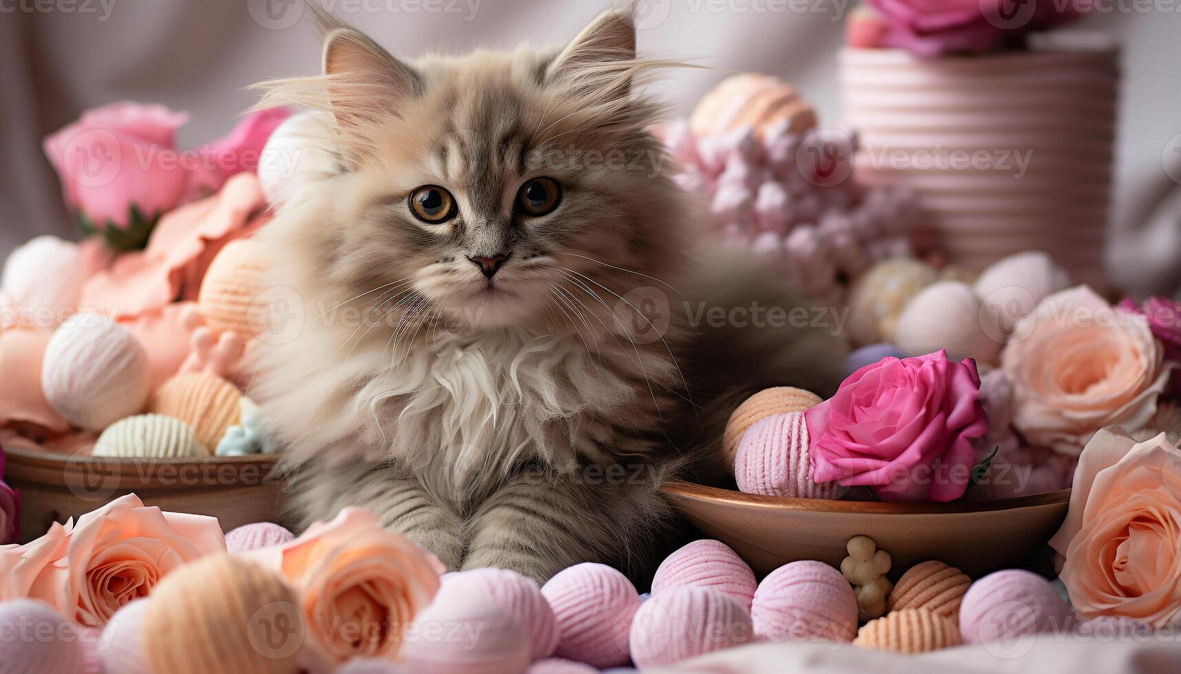 AI generated Fluffy kitten sitting in a basket, surrounded by pink flowers generated by AI photo