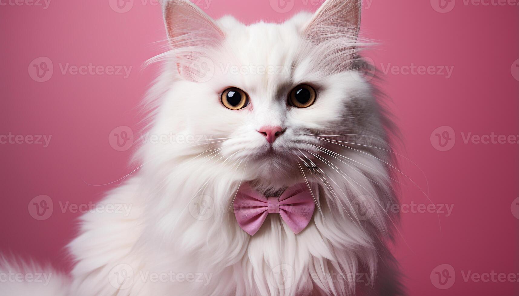 AI generated Cute kitten staring, fluffy fur, playful, pink background, love generated by AI photo