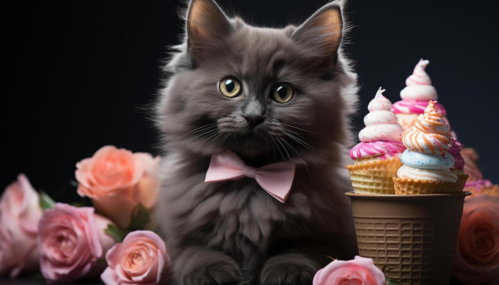 AI generated Cute kitten sitting, looking at camera, surrounded by Halloween decorations generated by AI photo