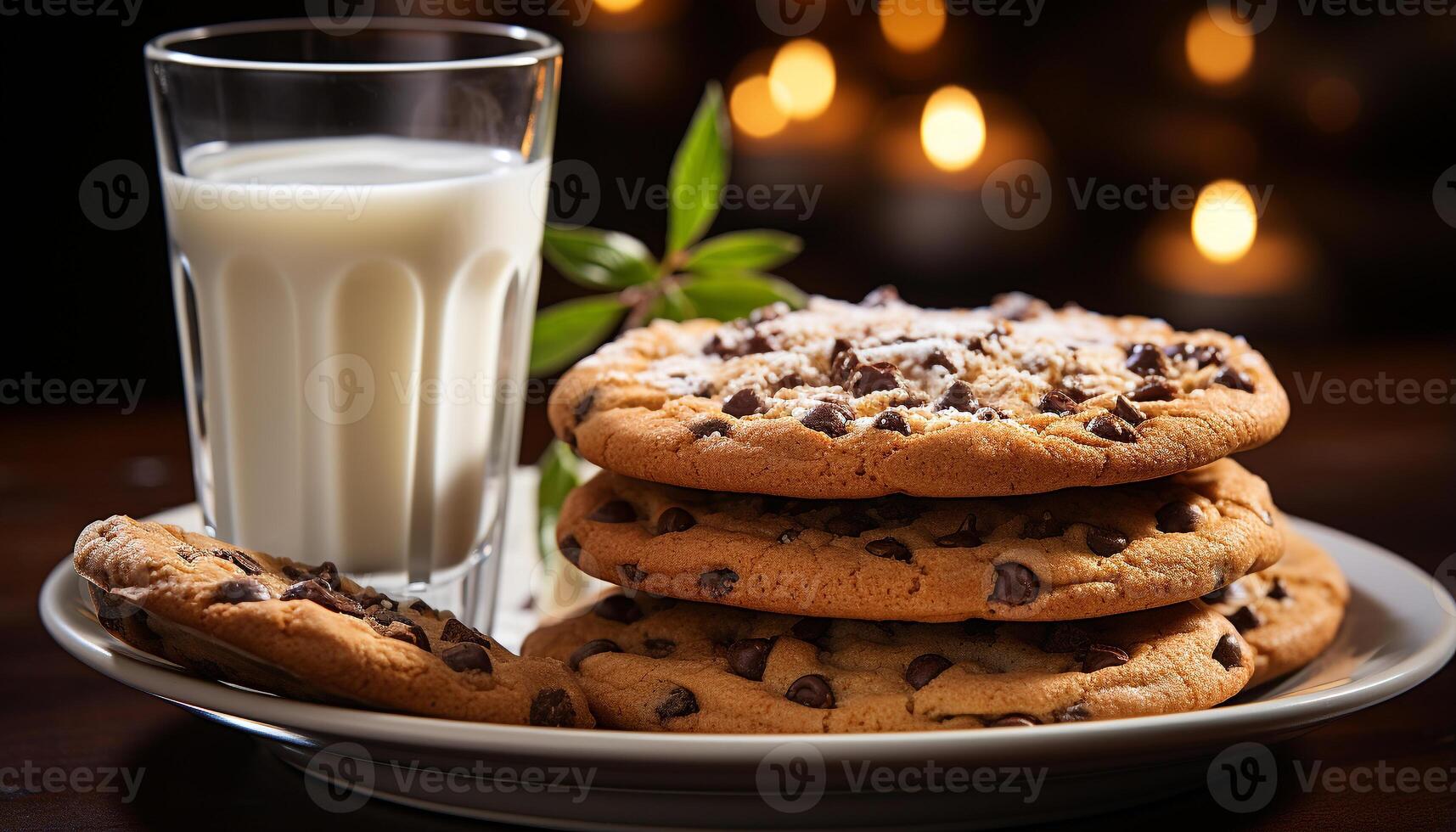 AI generated Homemade chocolate chip cookies on rustic wooden table, indulgent delight generated by AI photo