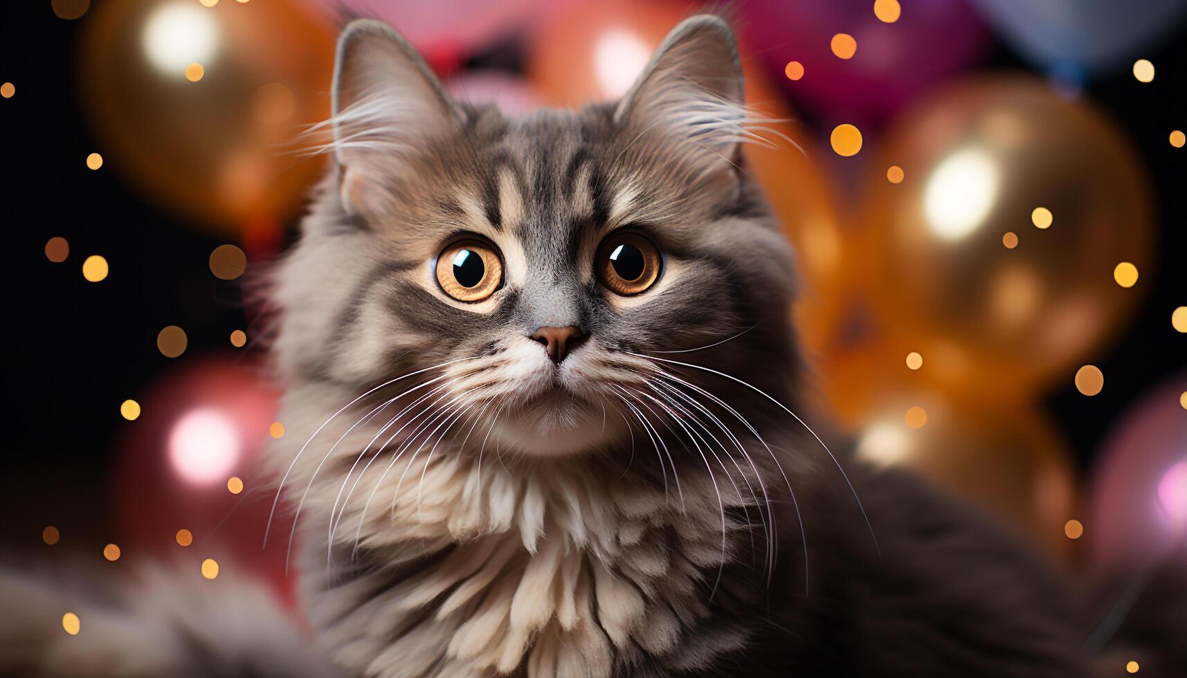 ai generado linda gatito curioso a cámara, rodeado por Navidad luces generado por ai foto