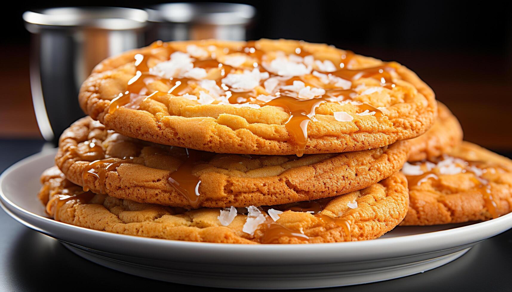 AI generated Freshly baked homemade chocolate chip cookies on a rustic wooden plate generated by AI photo