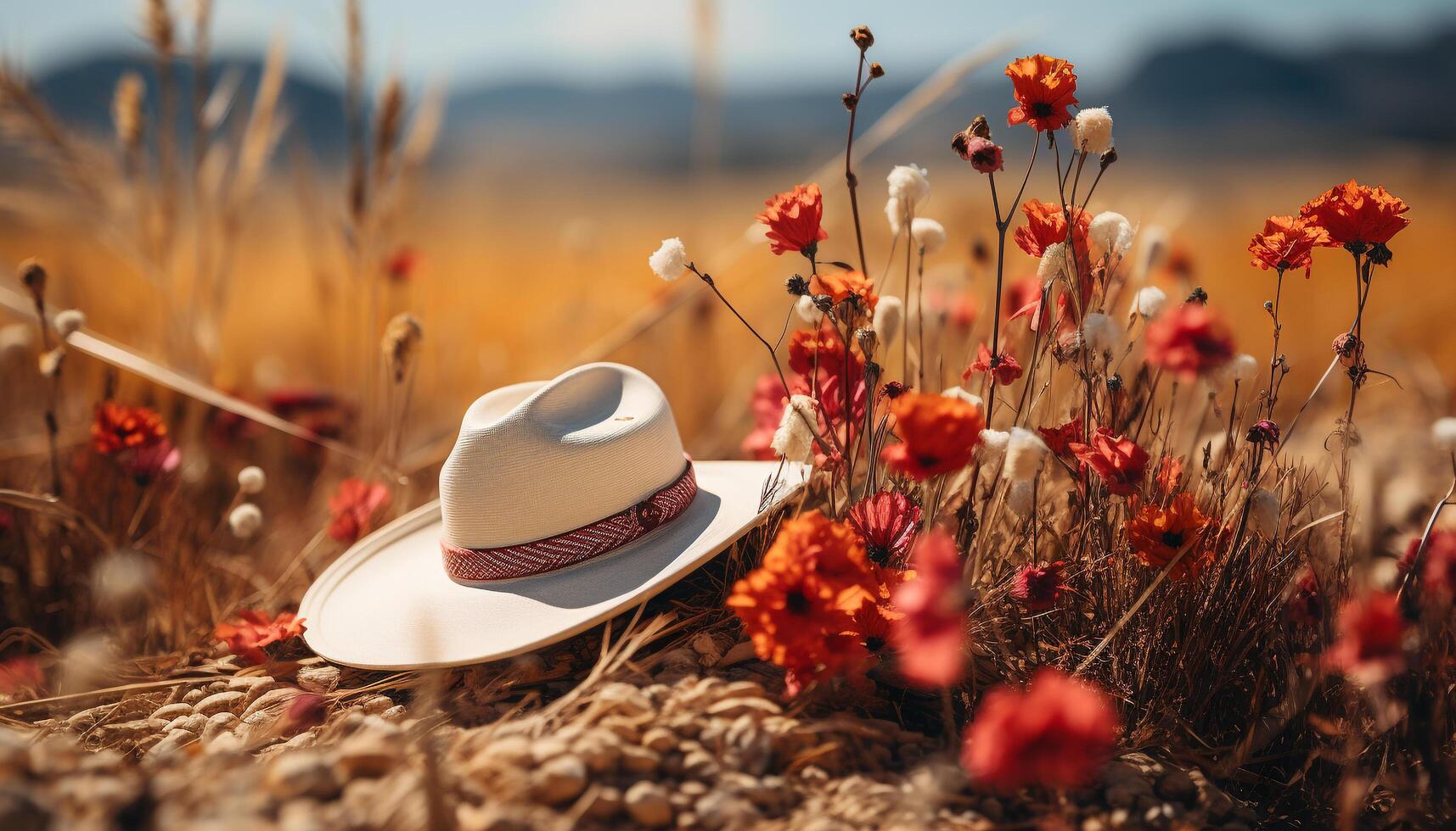 AI generated Women in straw hats relax in meadow, enjoying nature beauty generated by AI photo