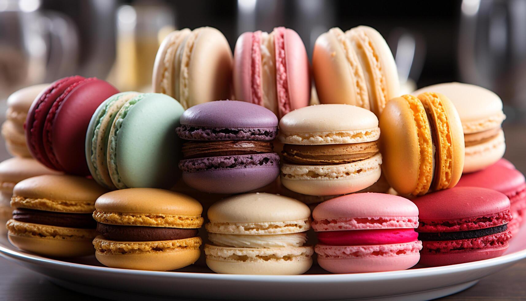 AI generated A stack of colorful macaroons, a French gourmet delight generated by AI photo
