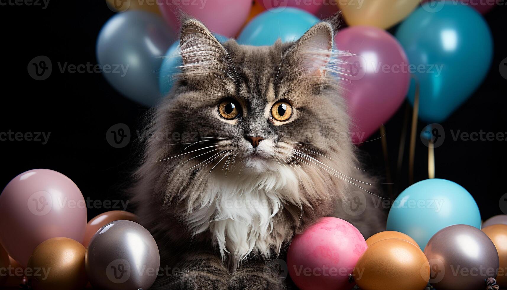 AI generated Cute kitten playing with colorful balloons at birthday party generated by AI photo