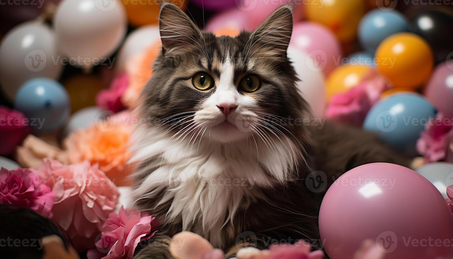 AI generated Cute kitten playing with a toy, surrounded by colorful decorations generated by AI photo