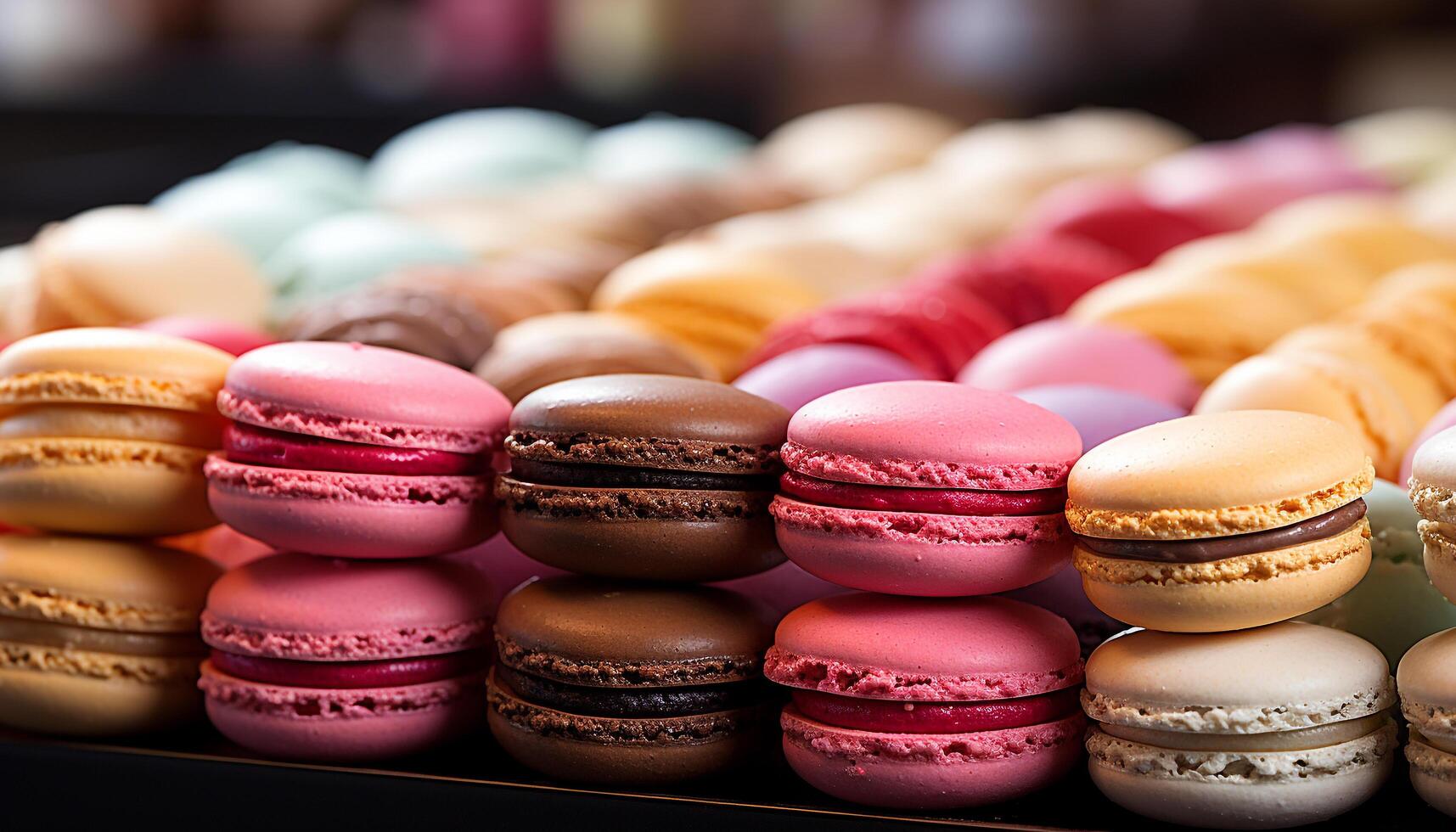 AI generated A colorful macaroon stack, a sweet French indulgence on wood generated by AI photo