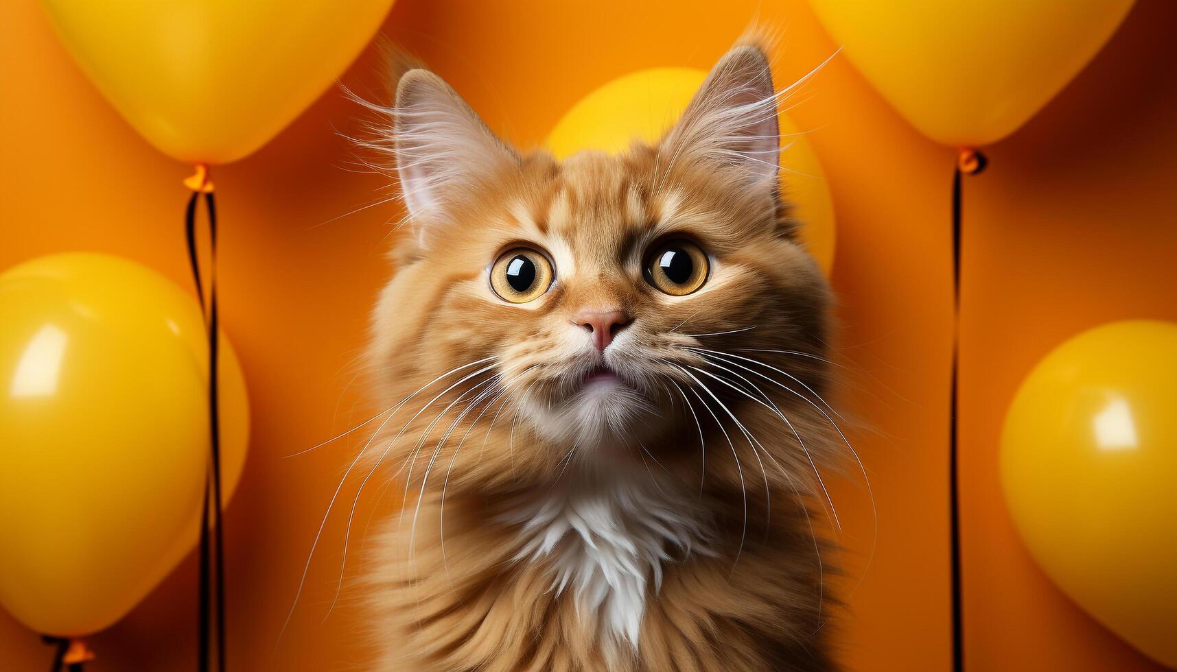 AI generated Cute kitten with blue balloon celebrates birthday outdoors generated by AI photo