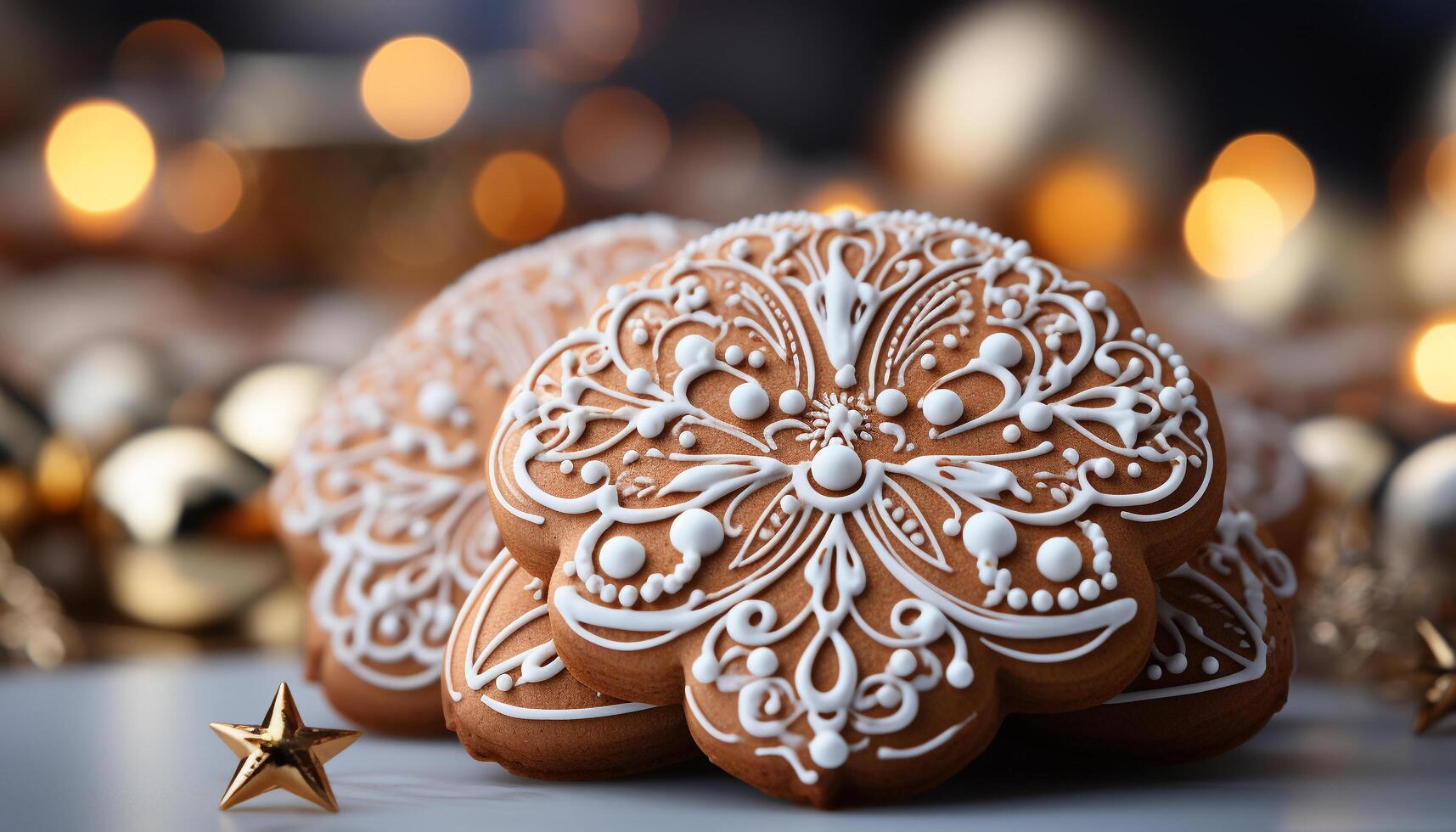 AI generated Homemade gingerbread cookies, decorated with icing and snowflake patterns generated by AI photo