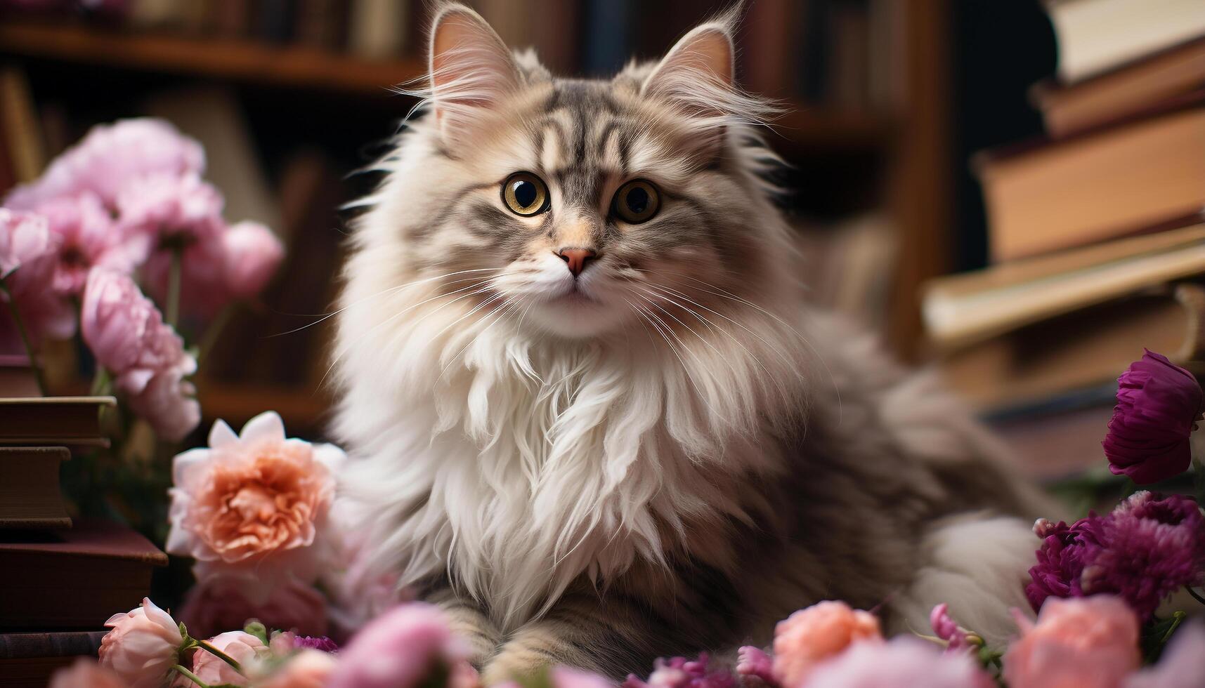 AI generated Cute kitten sitting outdoors, looking at flower with curiosity generated by AI photo