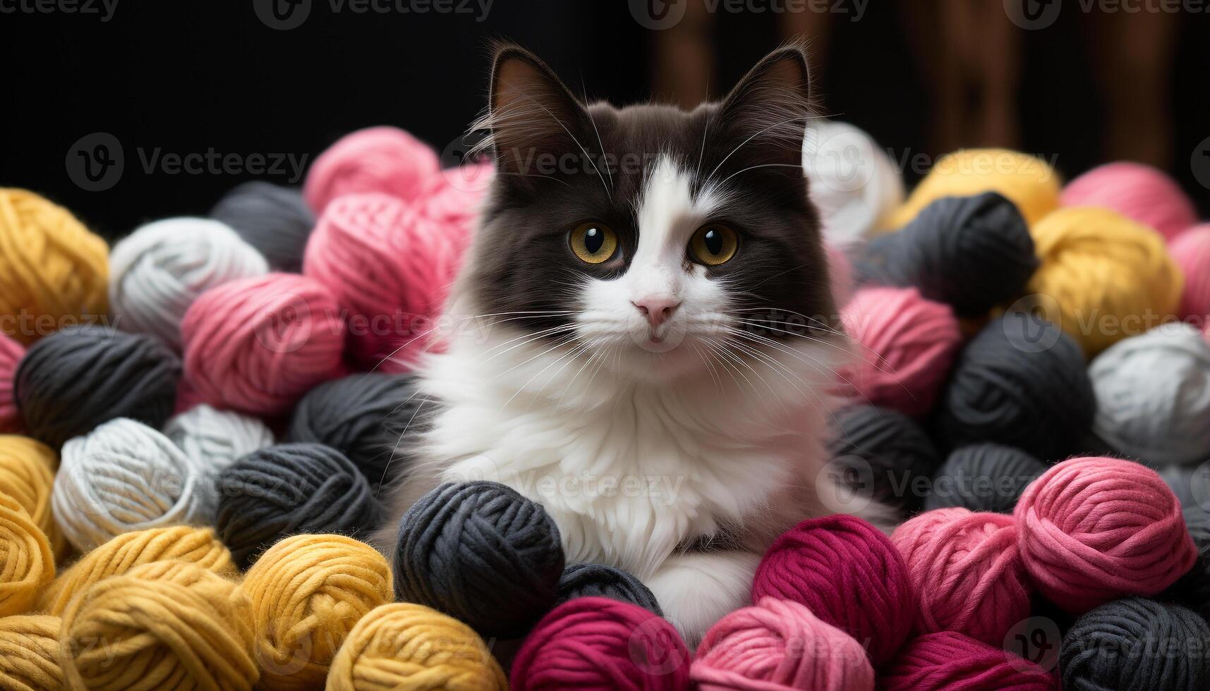 AI generated Cute kitten playing with colorful ball of wool indoors generated by AI photo