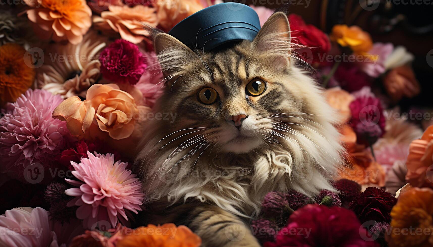 AI generated Cute kitten sitting on table, surrounded by colorful flowers generated by AI photo