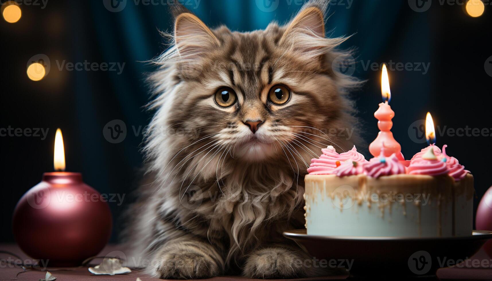 ai generado linda gatito sentado por luz de una vela, celebrando cumpleaños con chocolate generado por ai foto