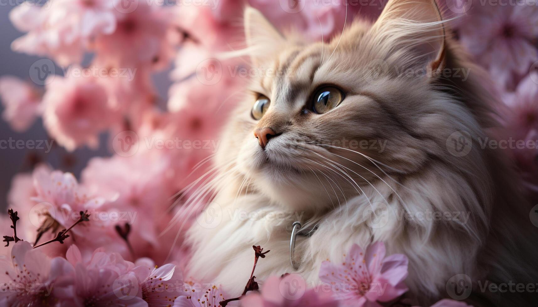 AI generated Cute kitten sitting in grass, looking at pink flower generated by AI photo