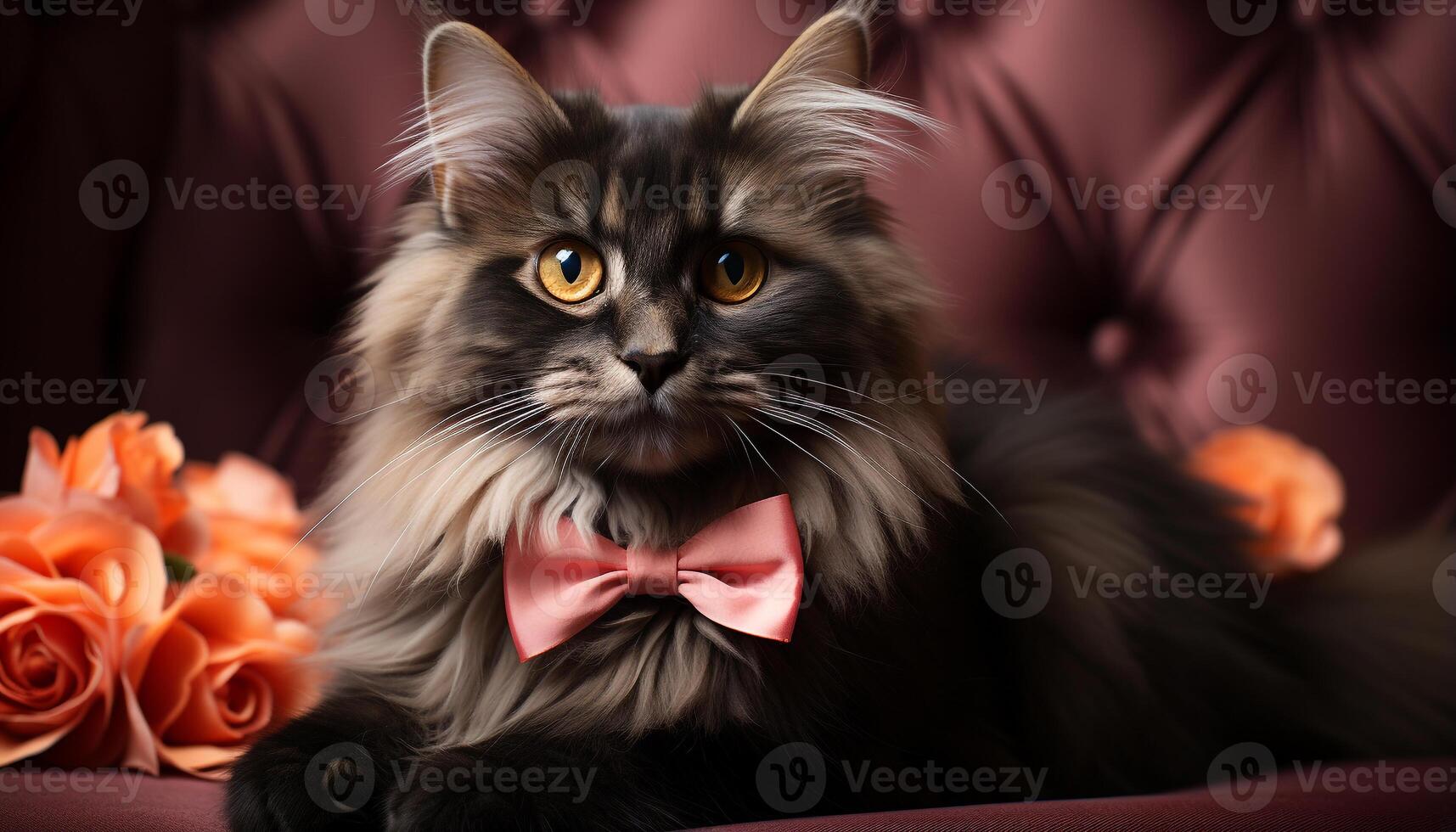 AI generated Cute kitten sitting, looking at camera, fluffy fur, charming eyes generated by AI photo