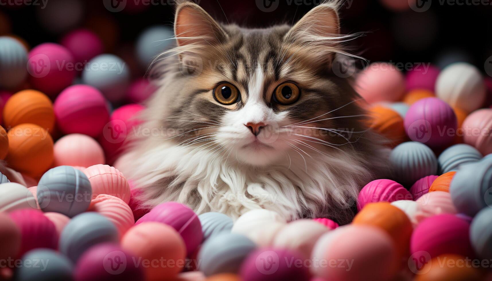 AI generated Cute kitten playing with toy ball, surrounded by colorful decorations generated by AI photo