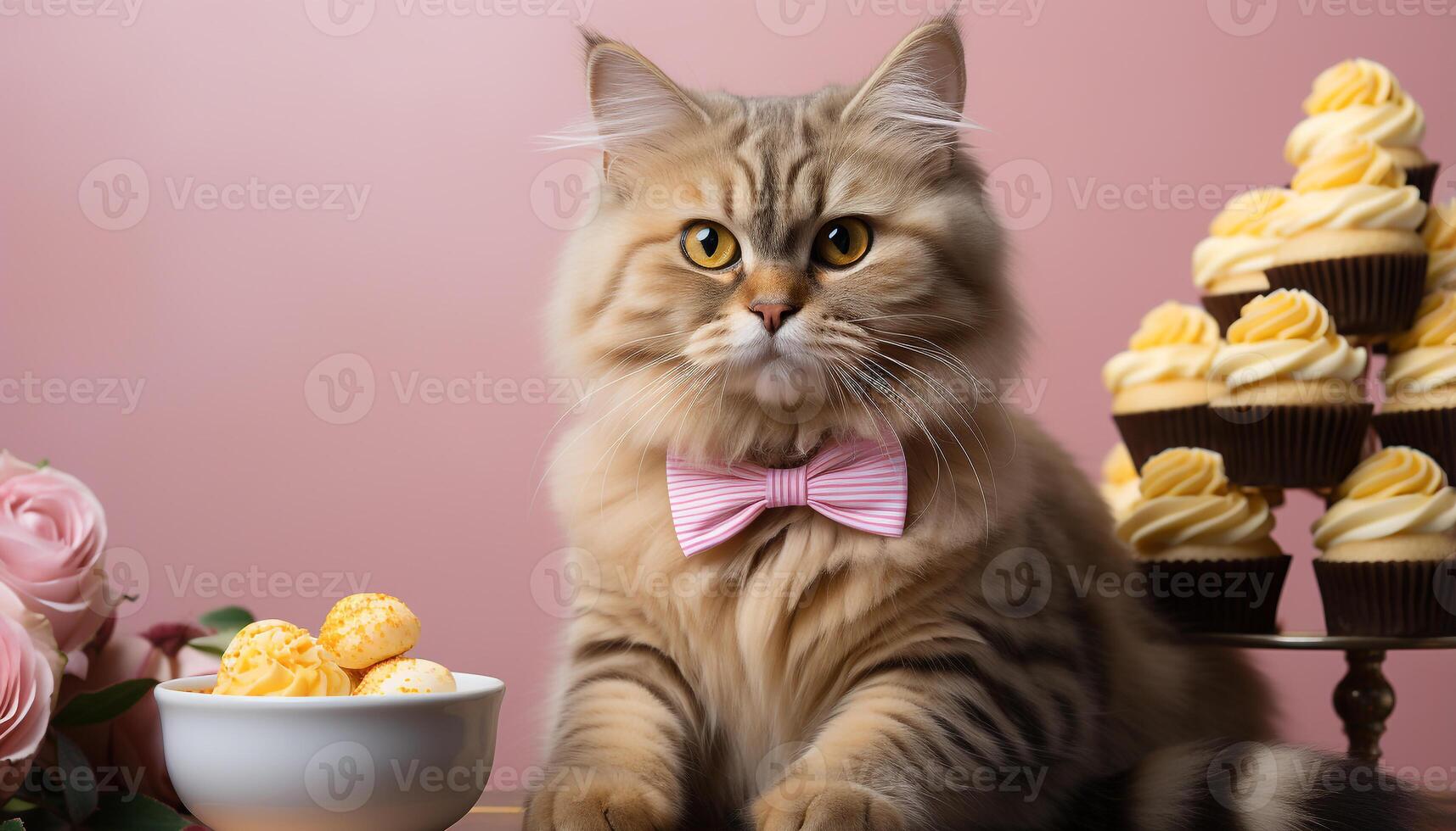 AI generated Cute kitten sitting on table, looking at camera, eating cupcake generated by AI photo