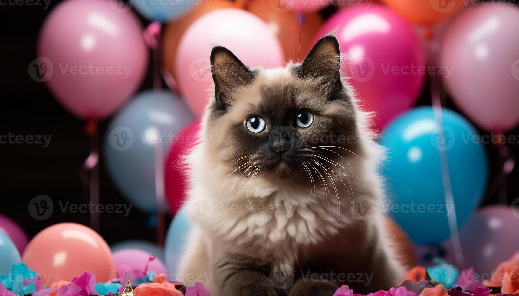 AI generated Cute kitten with balloon, celebrating birthday, looking at camera generated by AI photo