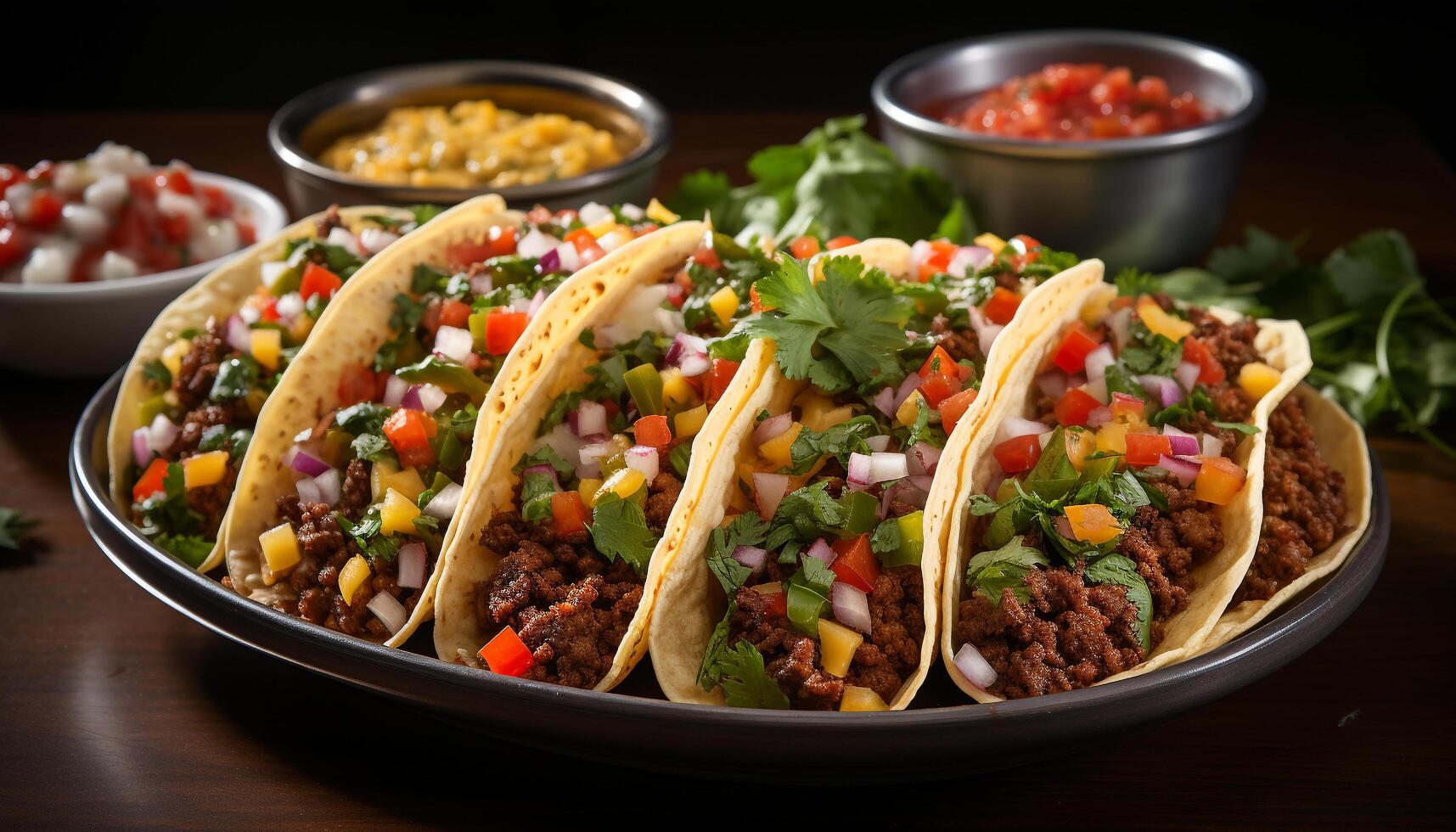 ai generado gastrónomo carne de vaca taco con guacamole, tomate, y cilantro, Listo a comer generado por ai foto