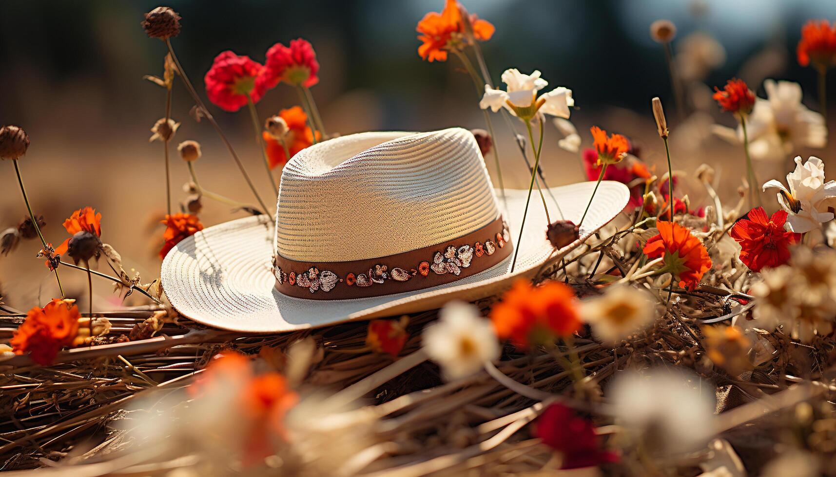 AI generated Women in straw hats relax in a meadow of flowers generated by AI photo