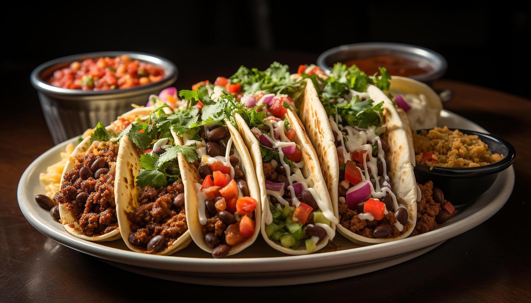 AI generated Freshly grilled beef taco with guacamole, tomato, and cilantro generated by AI photo