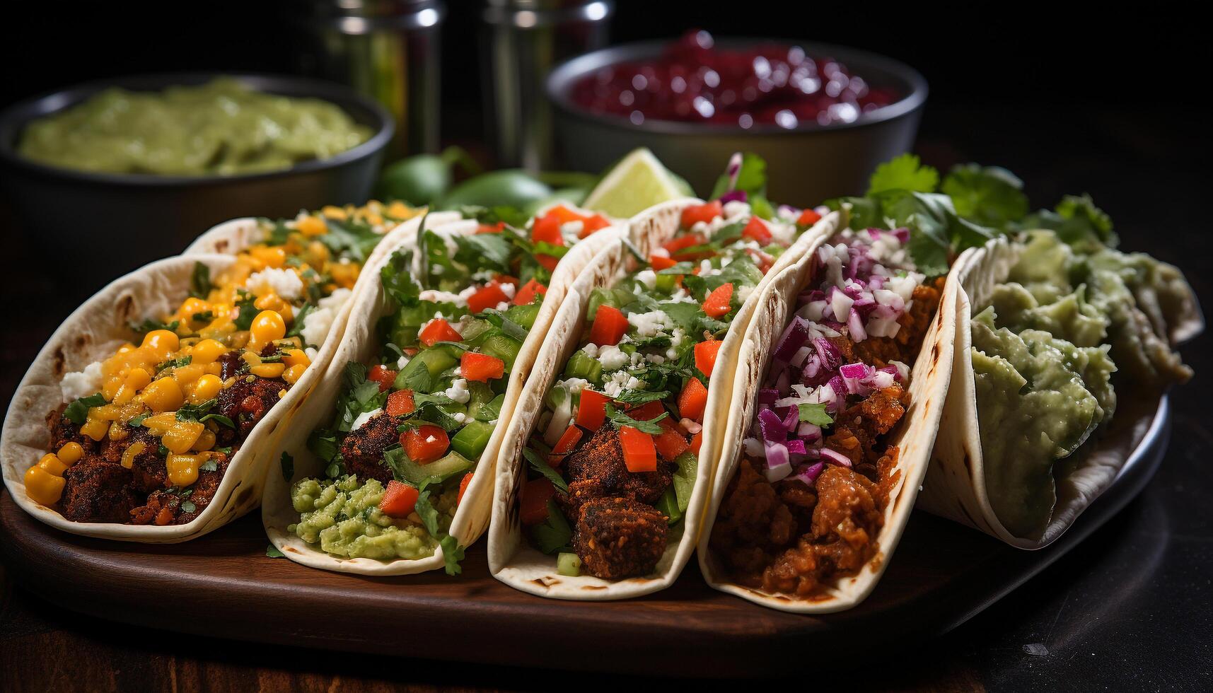 ai generado frescura en un plato guacamole, tacos, carne, palta, tomate, cilantro generado por ai foto