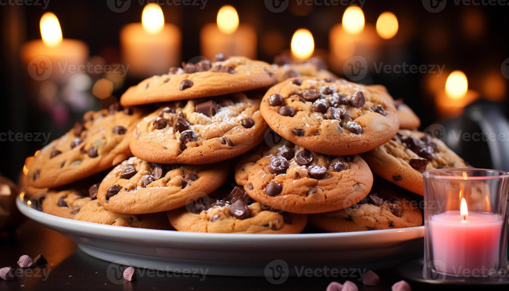 ai generado hecho en casa chocolate chip galletas en rústico mesa, tentador indulgencia generado por ai foto