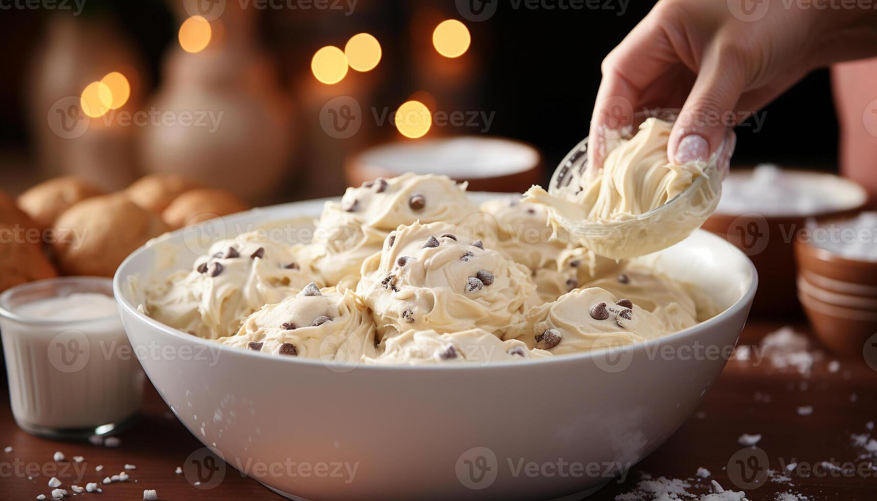 AI generated Homemade cookie dough on wooden table, sweet baking preparation generated by AI photo