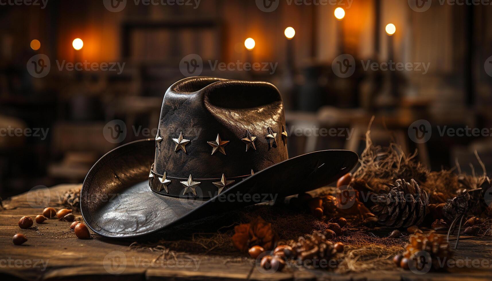 AI generated Old fashioned cowboy hat on rustic wooden table, celebrating Halloween generated by AI photo