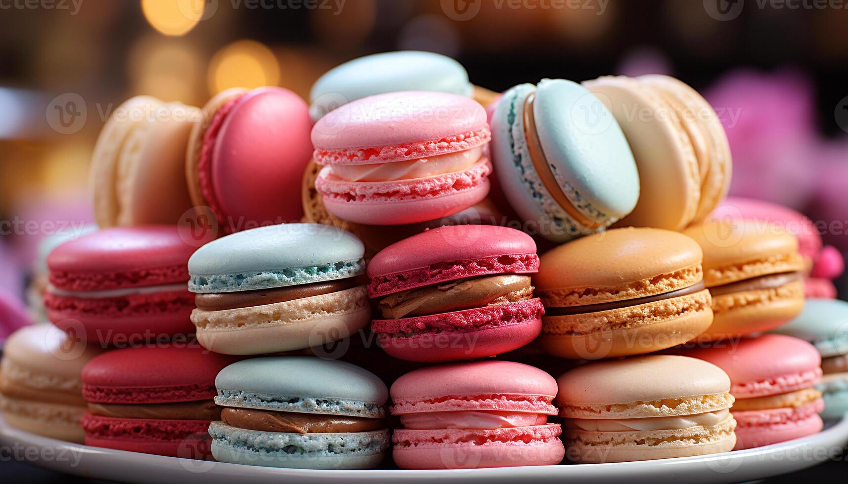 AI generated A colorful macaroon stack, a sweet French indulgence on a plate generated by AI photo