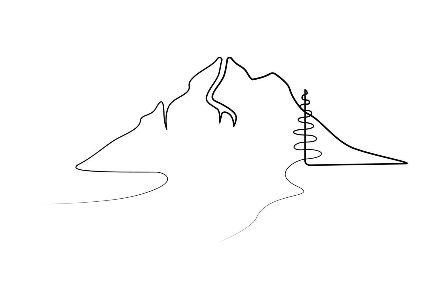 Continuous one-line mountain art . and outline nature landscape view single-line vector illustration.