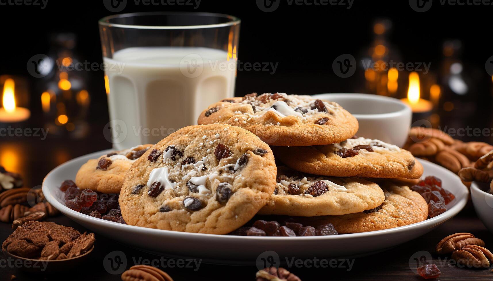 AI generated Homemade chocolate chip cookies on rustic wood table generated by AI photo